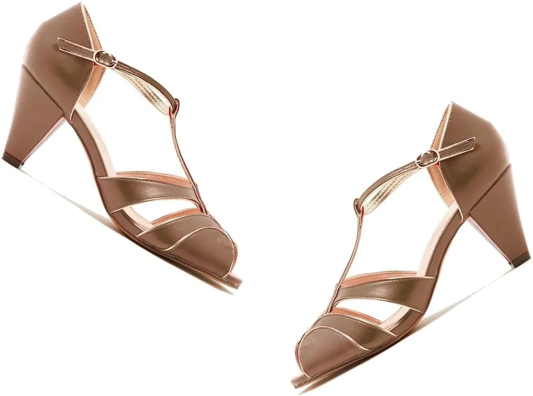 SHODENSE Women Round Open Toe Heeled Sandals Ankle T-Strap Kitten Heel Pumps Cut Out 2" Low Chunky Heel Sandal Shoes Dressy Strappy Buckle Mary Jane Heels Retro Elegant Wedding 4-11 M US