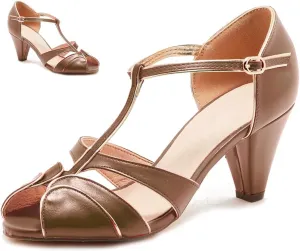 SHODENSE Women Round Open Toe Heeled Sandals Ankle T-Strap Kitten Heel Pumps Cut Out 2" Low Chunky Heel Sandal Shoes Dressy Strappy Buckle Mary Jane Heels Retro Elegant Wedding 4-11 M US