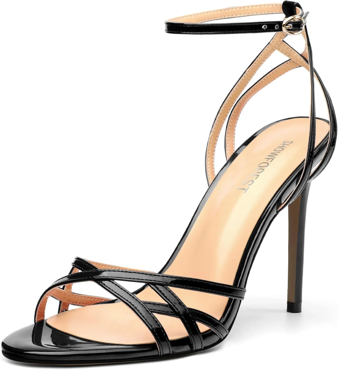 SHOWFOREST Strappy Heels for Women Stiletto High Heels Open Round Toe Patent 4 Inch Sandals with Ankle Strap Sexy for Dating Party Evening Dress Shoes