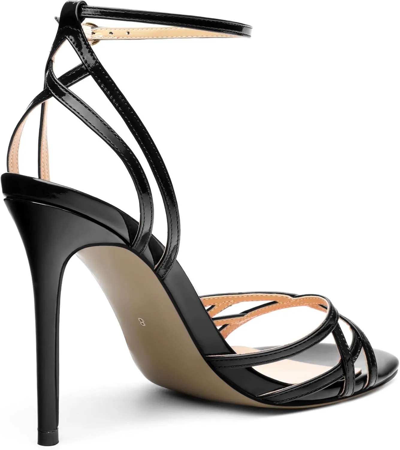 SHOWFOREST Strappy Heels for Women Stiletto High Heels Open Round Toe Patent 4 Inch Sandals with Ankle Strap Sexy for Dating Party Evening Dress Shoes