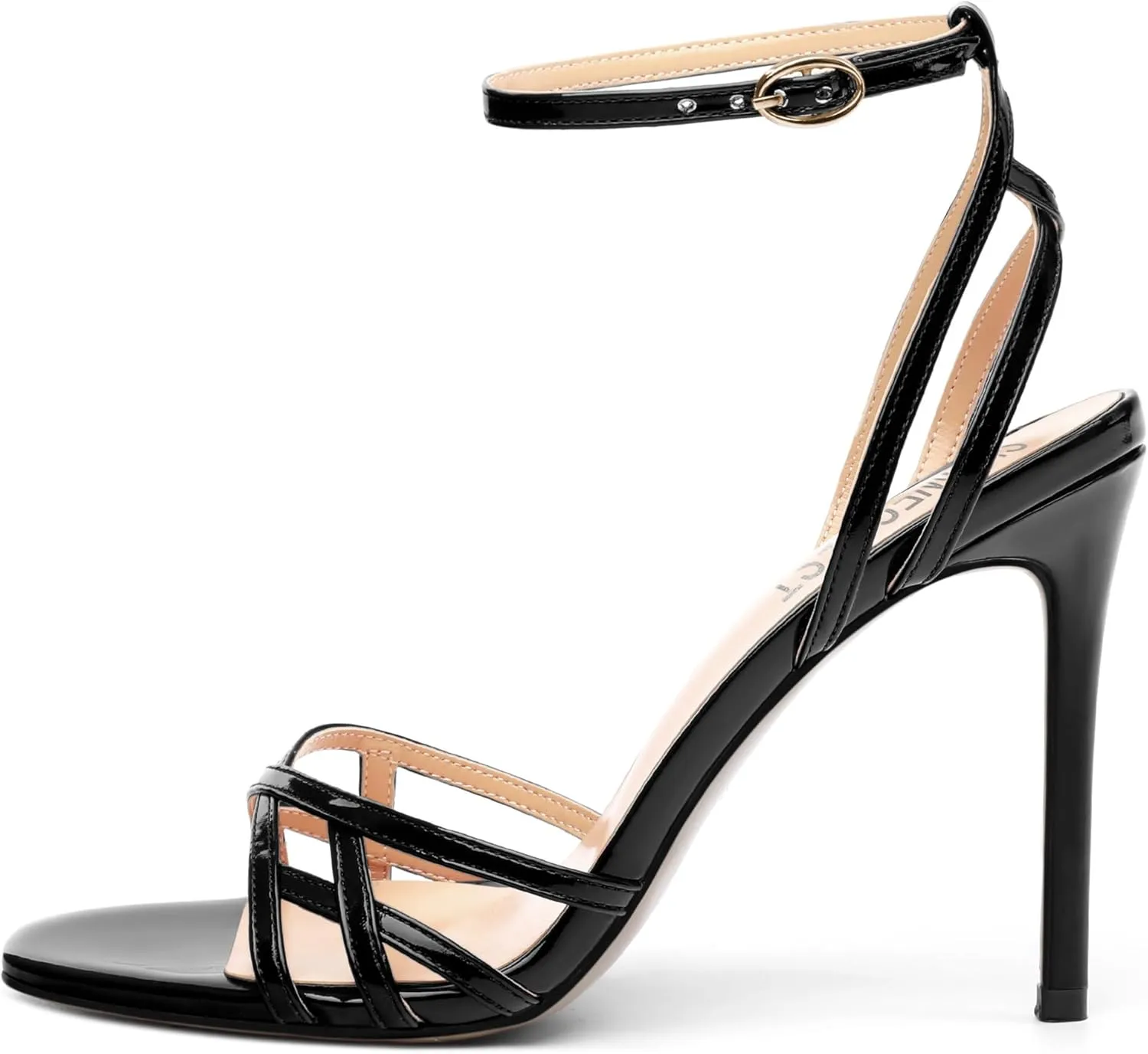 SHOWFOREST Strappy Heels for Women Stiletto High Heels Open Round Toe Patent 4 Inch Sandals with Ankle Strap Sexy for Dating Party Evening Dress Shoes