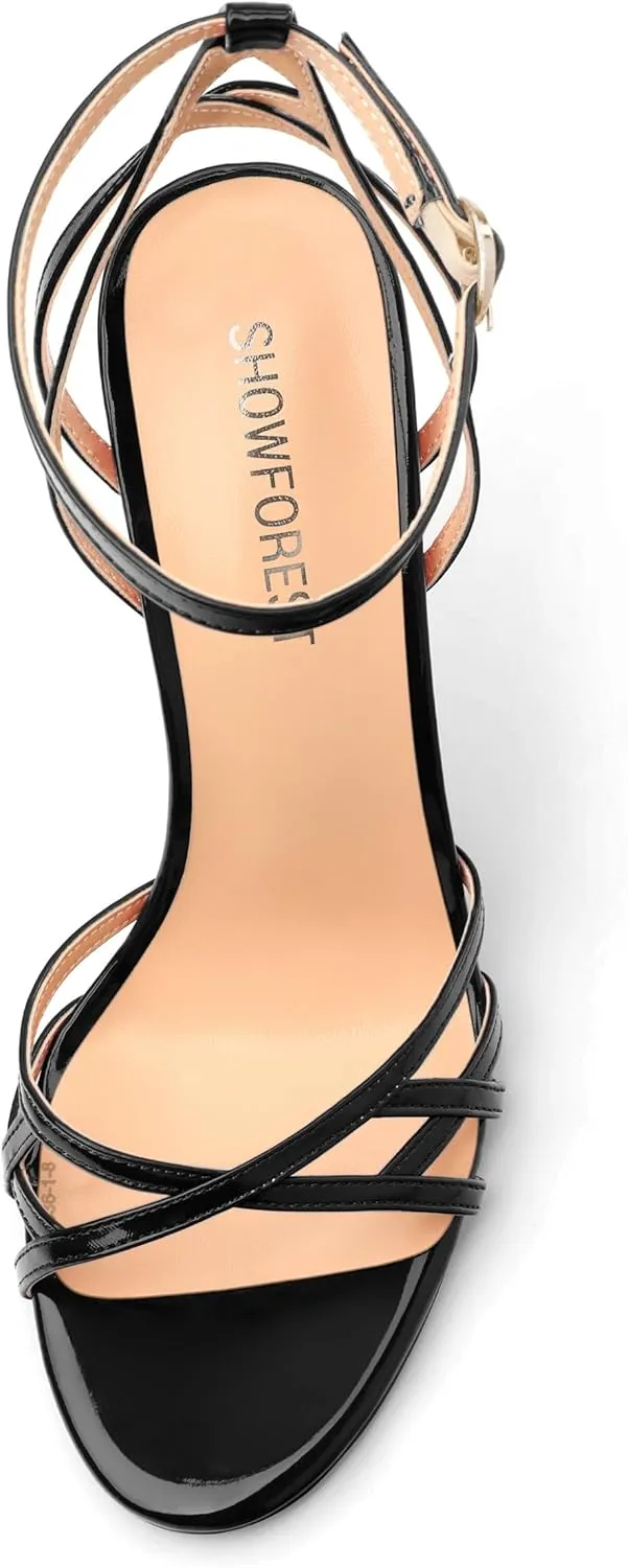 SHOWFOREST Strappy Heels for Women Stiletto High Heels Open Round Toe Patent 4 Inch Sandals with Ankle Strap Sexy for Dating Party Evening Dress Shoes