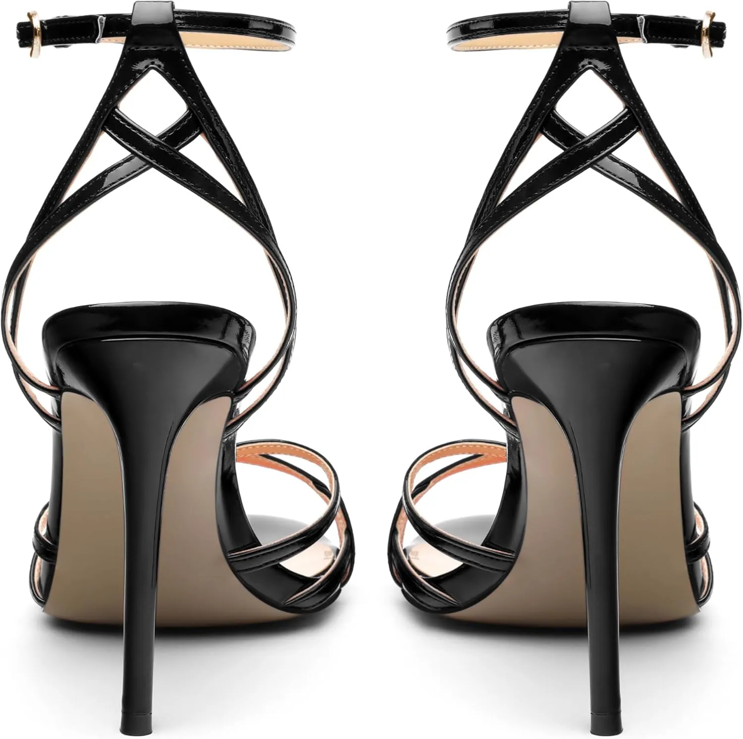 SHOWFOREST Strappy Heels for Women Stiletto High Heels Open Round Toe Patent 4 Inch Sandals with Ankle Strap Sexy for Dating Party Evening Dress Shoes