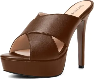 SHOWFOREST Womens Round Toe Fashion Dating Slip On Solid Open Toe Matte Stiletto High Heel Heeled Sandals 5 Inch