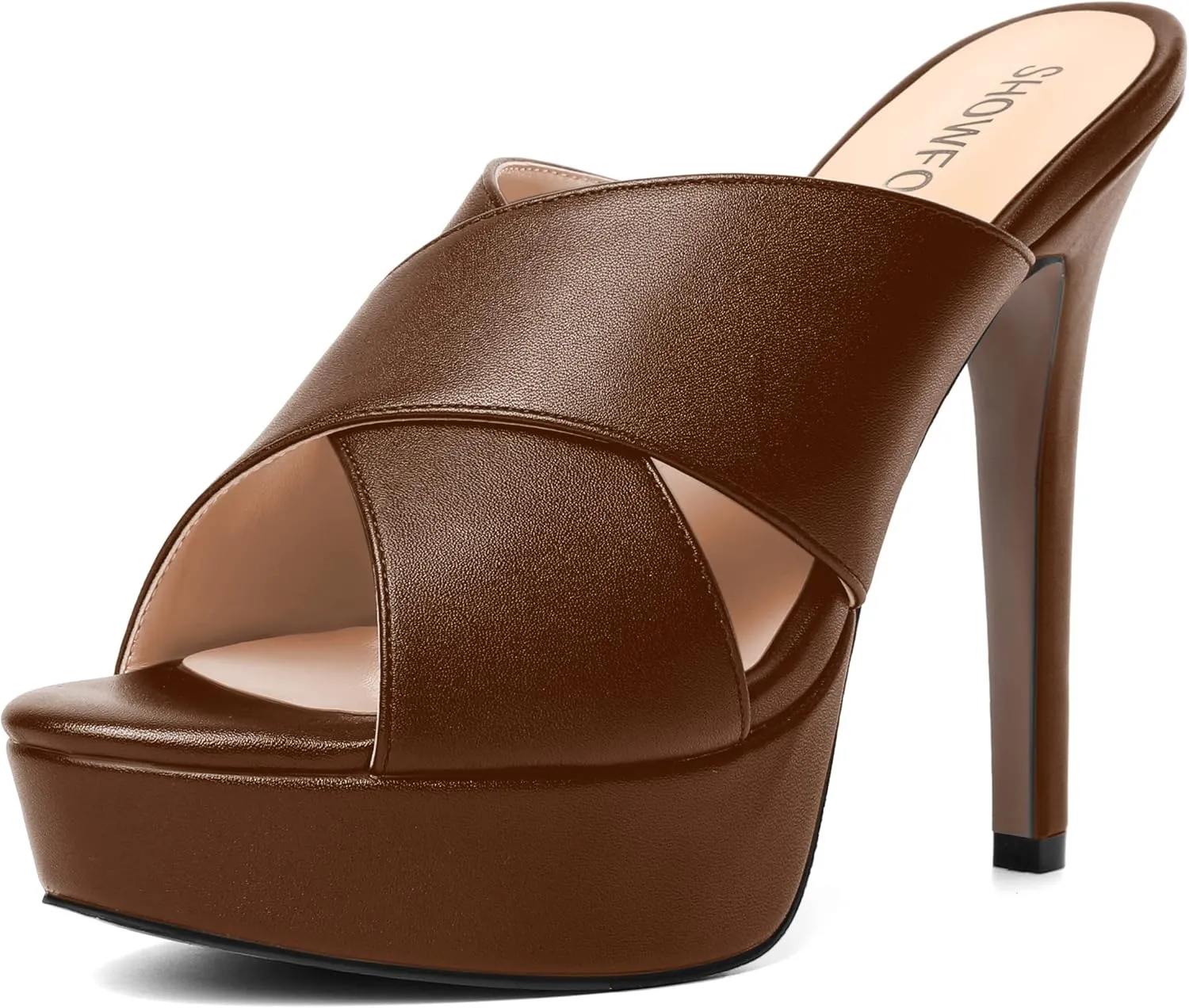 SHOWFOREST Womens Round Toe Fashion Dating Slip On Solid Open Toe Matte Stiletto High Heel Heeled Sandals 5 Inch