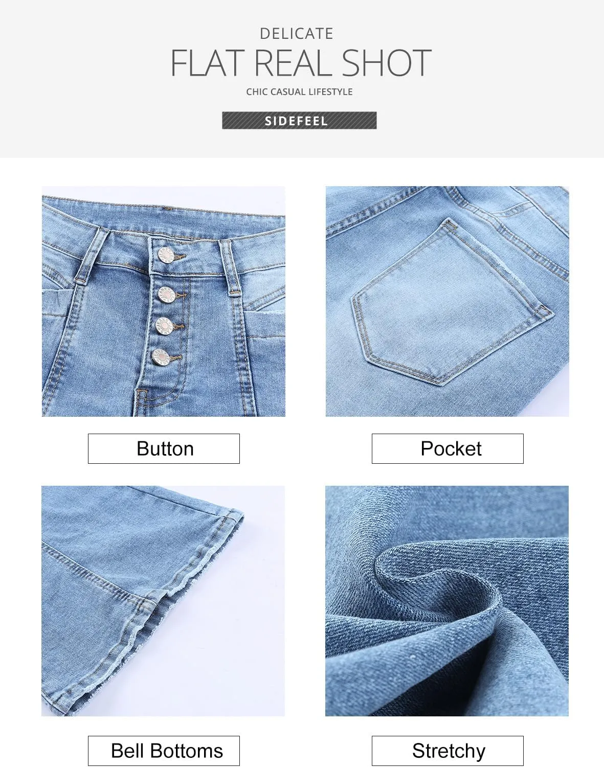 Sidefeel Women's High Waisted Jeans Wide Leg Button Fly Bell Bottoms Flared Zimbaplatinum Denim Pants