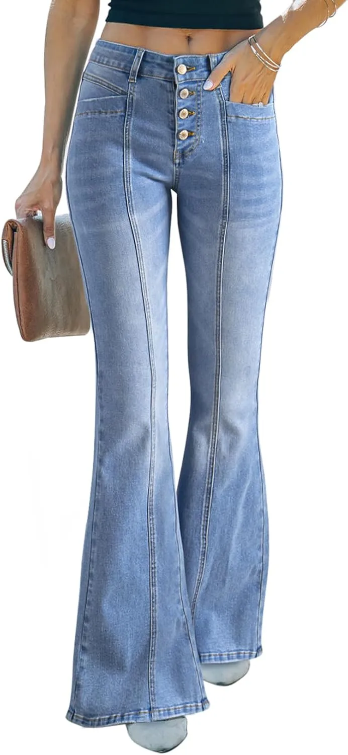 Sidefeel Women's High Waisted Jeans Wide Leg Button Fly Bell Bottoms Flared Zimbaplatinum Denim Pants