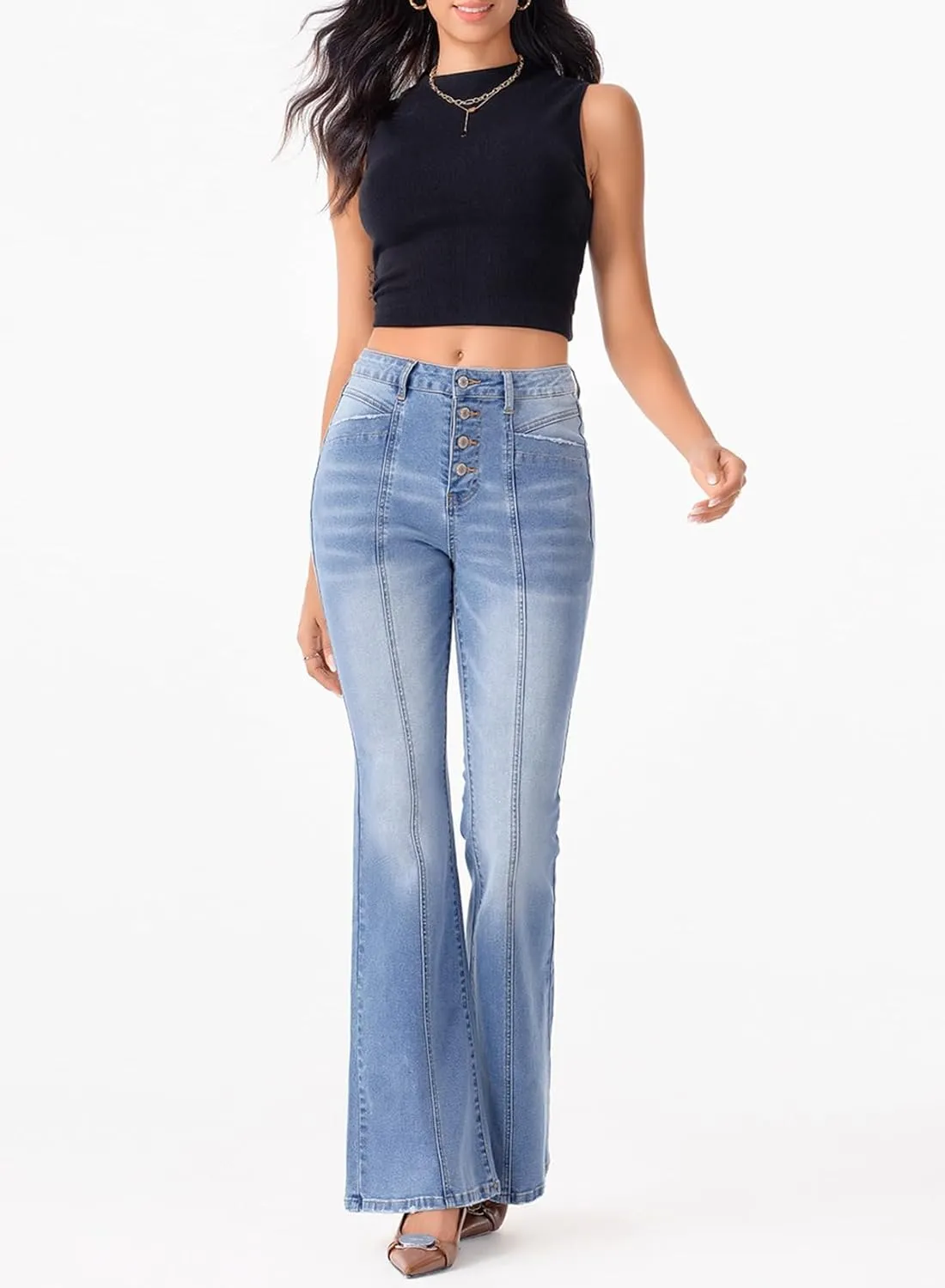 Sidefeel Women's High Waisted Jeans Wide Leg Button Fly Bell Bottoms Flared Zimbaplatinum Denim Pants
