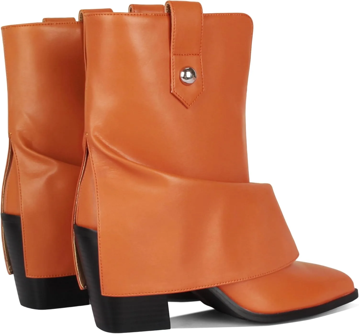 Silver Ankle Boots Women Pointed Toe Design Fold-Over Shaft Vegan Leather Mid Heel Booties For Winter Street Style