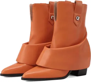 Silver Ankle Boots Women Pointed Toe Design Fold-Over Shaft Vegan Leather Mid Heel Booties For Winter Street Style