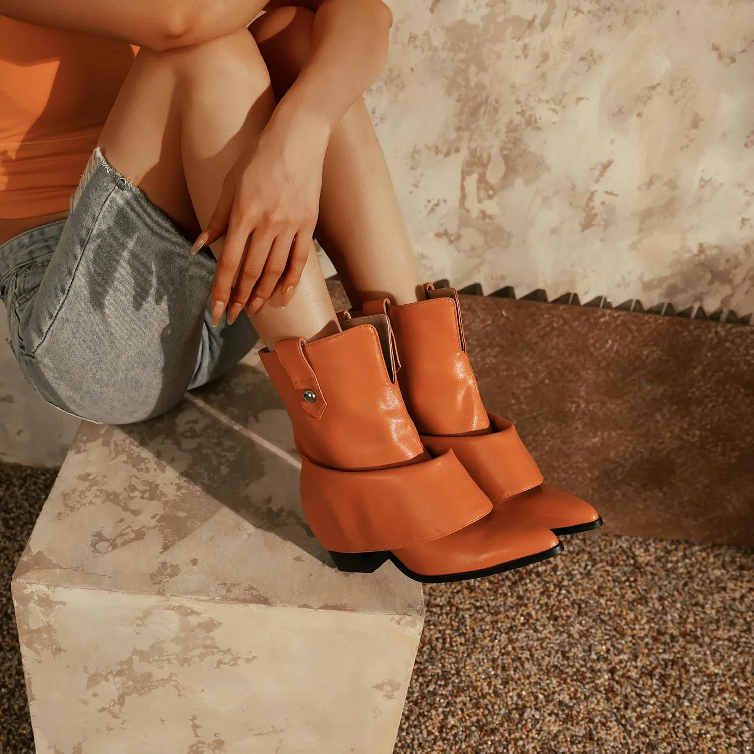 Silver Ankle Boots Women Pointed Toe Design Fold-Over Shaft Vegan Leather Mid Heel Booties For Winter Street Style