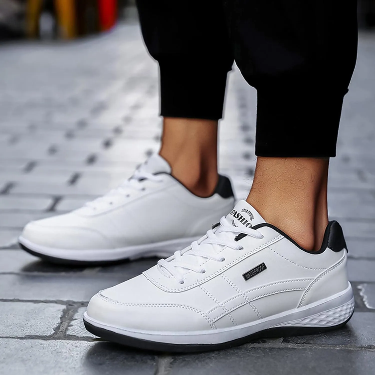 Slip on Walking Shoes Men PU Leather Comfortable Memory Foam Breathable Lace Up Fashion Sneakers Non Slip Arch Support Vacation Training Gym Shoes Wide Width