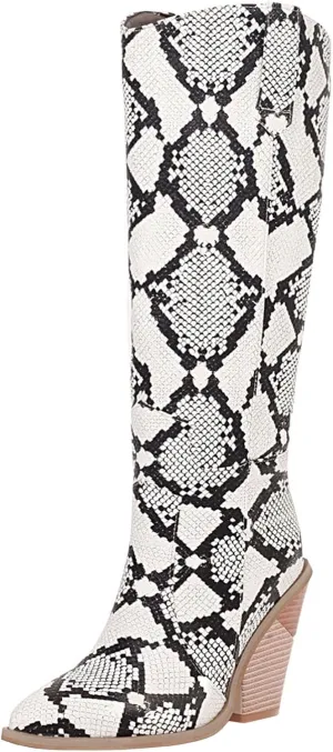 Snake Print Knee High Boots for Women Chunky Heel Pointed Toe Cowboy Boots Sexy Western Snakeskin Cowgirl Boots