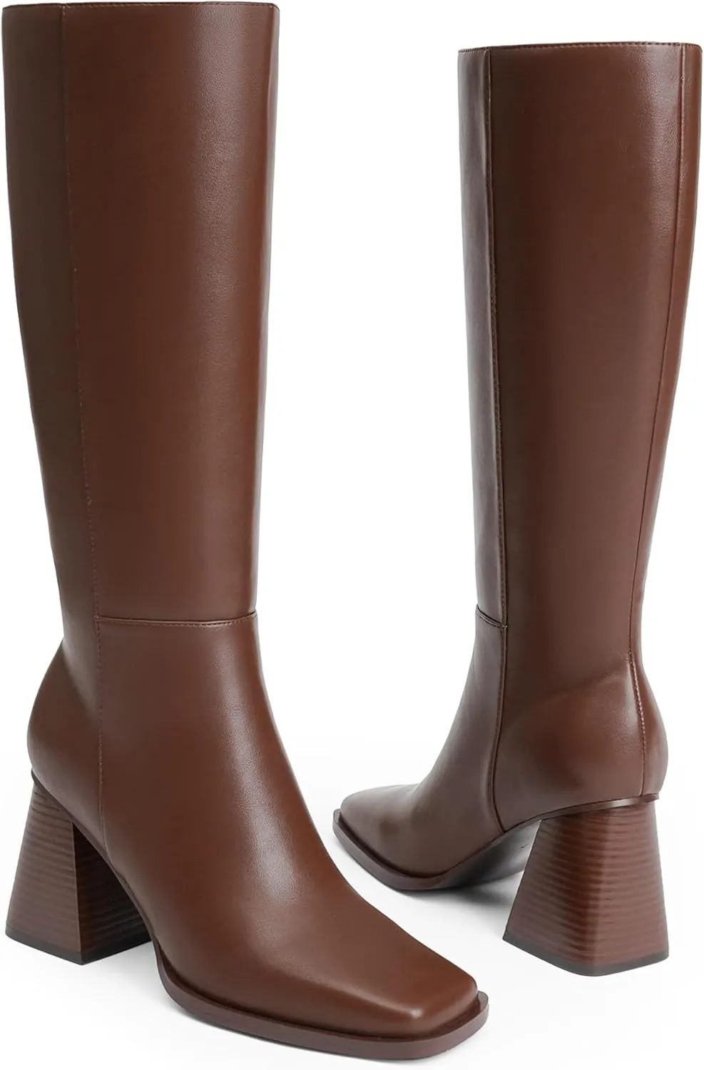 Square Toe Knee High Boots for Women - Chunky Block Heel With Side Zipper - Fall Tall Boots