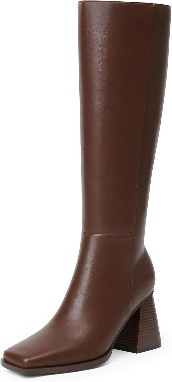 Square Toe Knee High Boots for Women - Chunky Block Heel With Side Zipper - Fall Tall Boots
