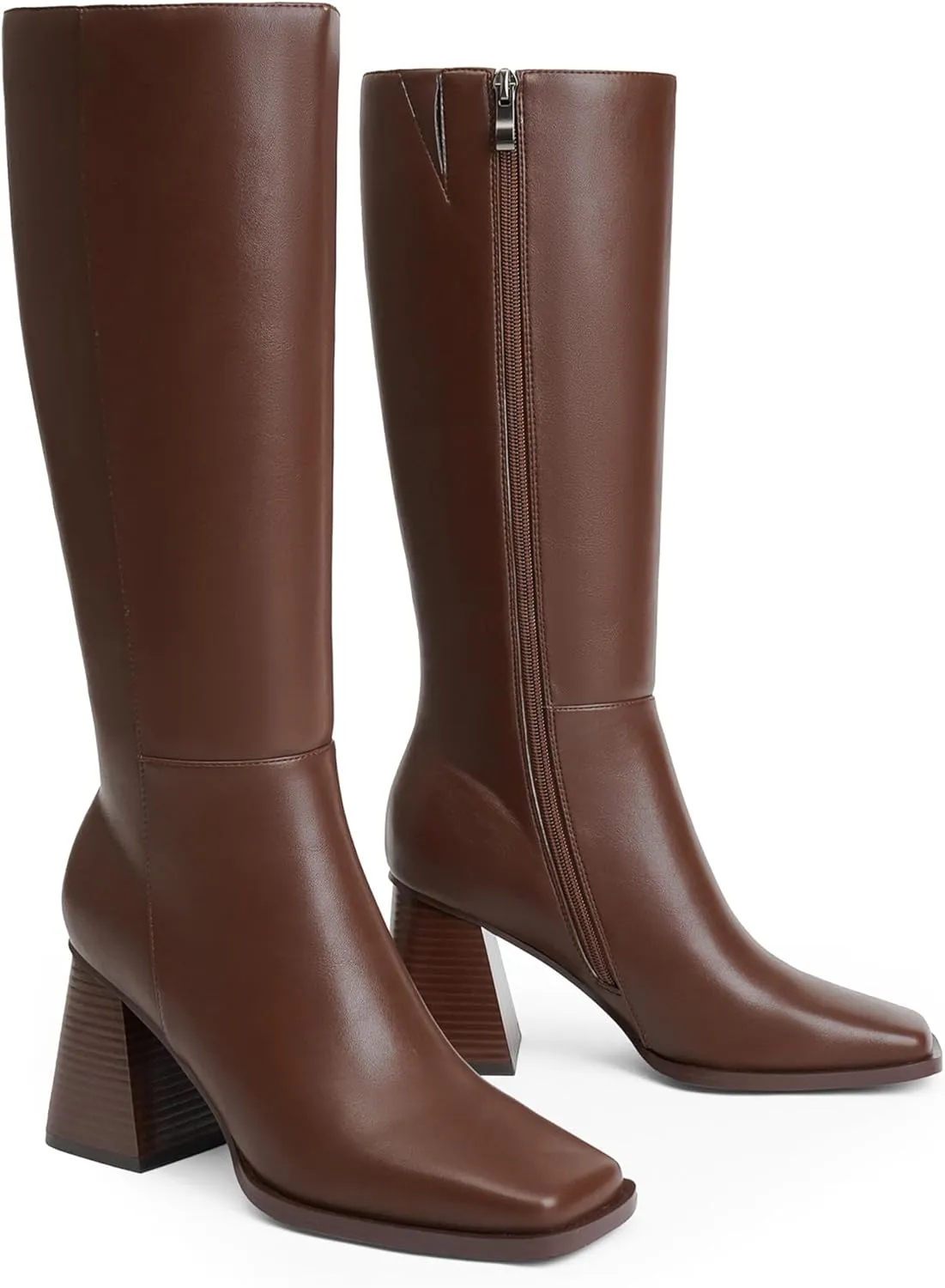 Square Toe Knee High Boots for Women - Chunky Block Heel With Side Zipper - Fall Tall Boots