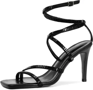 Strappy Heels for Women Lace up High Heel Sandals Square Open Toe Rhinestone Ankle Strap Stiletto Heels Sexy Prom Dress Party Wedding Heeled Shoes