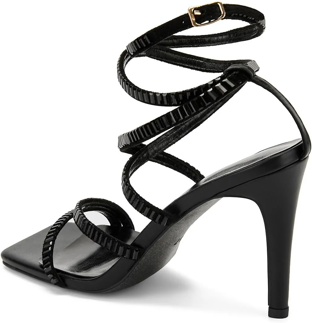 Strappy Heels for Women Lace up High Heel Sandals Square Open Toe Rhinestone Ankle Strap Stiletto Heels Sexy Prom Dress Party Wedding Heeled Shoes