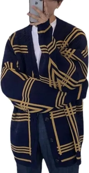 Striped Sweater Cardigans for Men Women Plaid Preppy Academia Clothing Vintage Grunge Aesthetic Sweater Korean Fashion