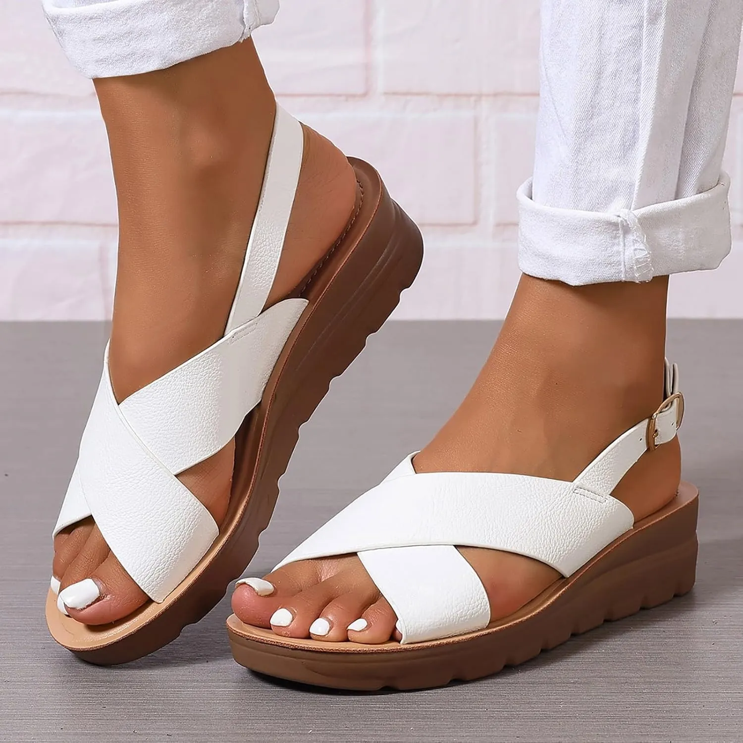 SuanlaTDS Wedge Sandals for Women Summer 2025 Platform Open Toe Low Heel Slingback Comfortable Adjustable Ankle Strap Daily Wear Outdoor Dressy Beach Walking Heeled Sandal