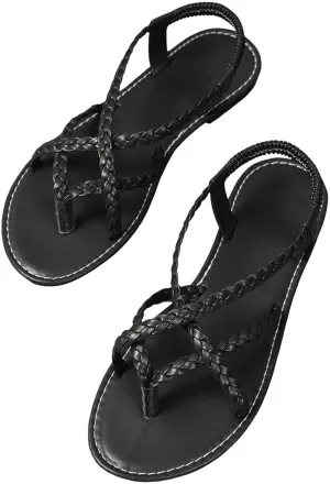 SuanlaTDS Women's Flat Sandals Dressy Summer 2025 Comfortable T-Strap Elastic Ankle Strap Slip-on Slides Flip Flops Crisscross Split Toe Bohemian Beach Thong Low Heel Party Outdoor Sandal