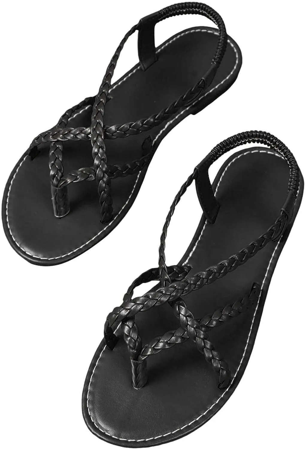 SuanlaTDS Women's Flat Sandals Dressy Summer 2025 Comfortable T-Strap Elastic Ankle Strap Slip-on Slides Flip Flops Crisscross Split Toe Bohemian Beach Thong Low Heel Party Outdoor Sandal