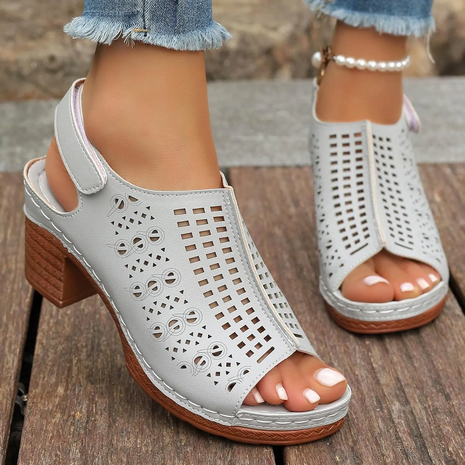 SuanlaTDS Women's Heeled Sandals Dressy Chunky Block Heels Peep Toe Ankle Strap Platform Hollow Out Slingback 2025 Elegant Summer Comfortable Party Dress High Heel Sandal Wedding Shoes