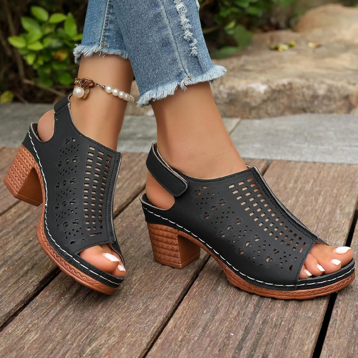 SuanlaTDS Women's Heeled Sandals Dressy Chunky Block Heels Peep Toe Ankle Strap Platform Hollow Out Slingback 2025 Elegant Summer Comfortable Party Dress High Heel Sandal Wedding Shoes