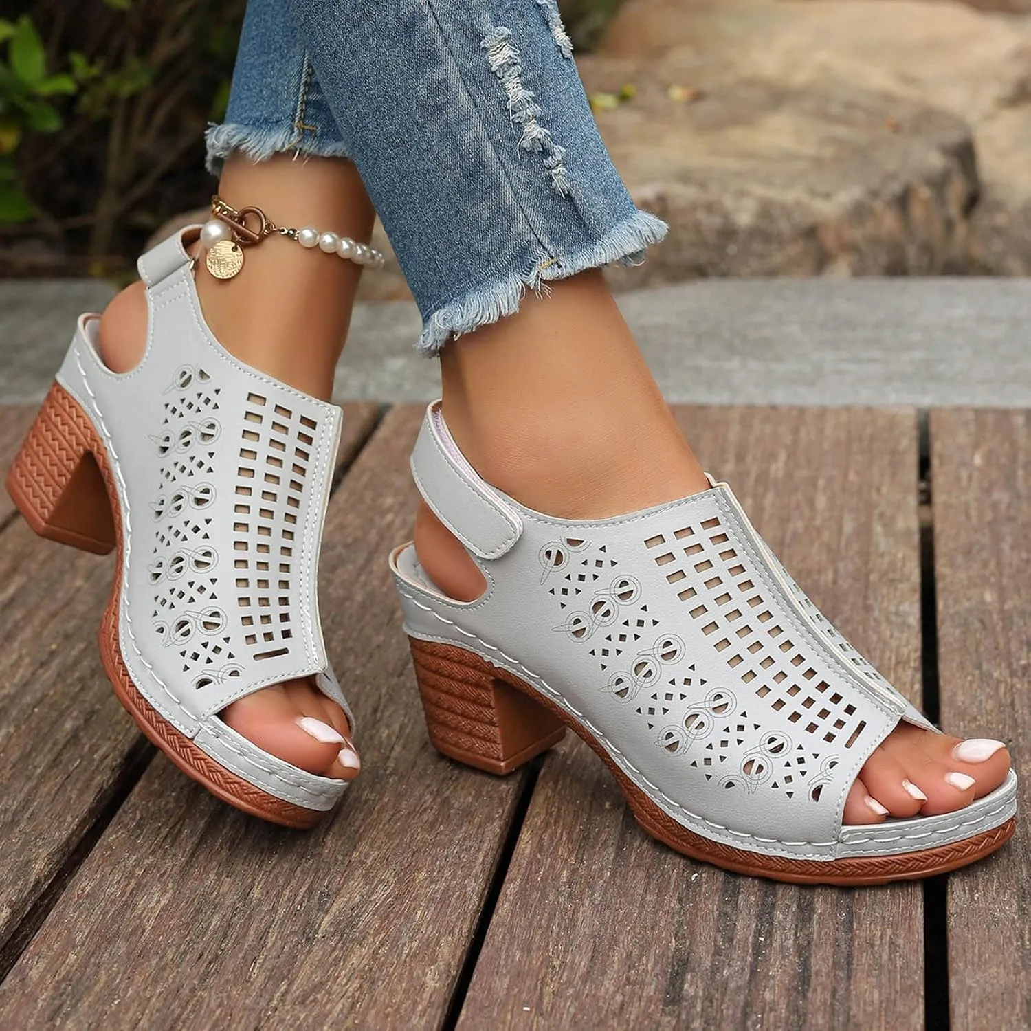 SuanlaTDS Women's Heeled Sandals Dressy Chunky Block Heels Peep Toe Ankle Strap Platform Hollow Out Slingback 2025 Elegant Summer Comfortable Party Dress High Heel Sandal Wedding Shoes