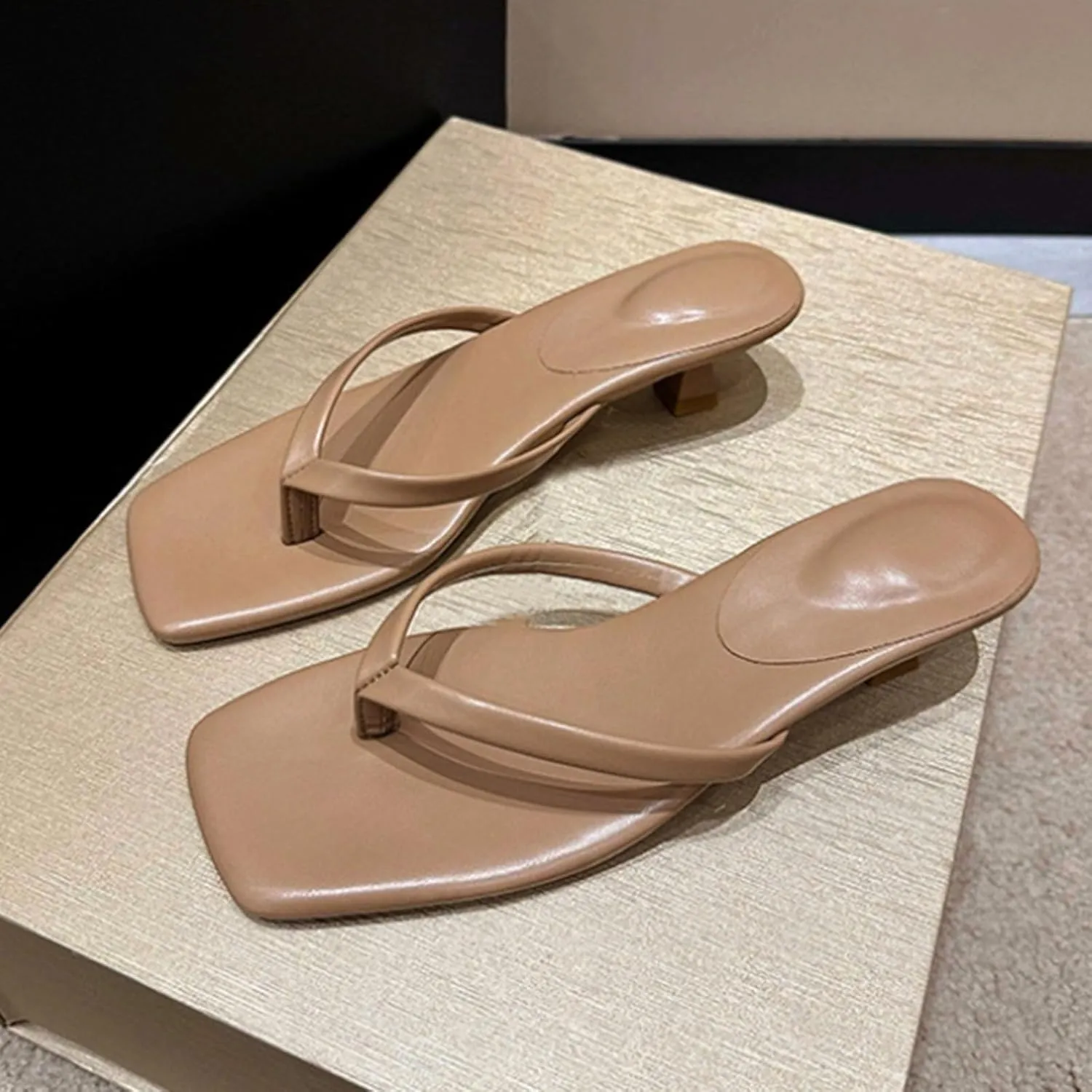 SuanlaTDS Women's Heeled Sandals Sexy Dressy 2025 Square Toe Stiletto Flip Flops Summer Slip-on Slide Slippers Comfortable Low Heel Slides Sandal Mules for Party Wedding Daily Wear