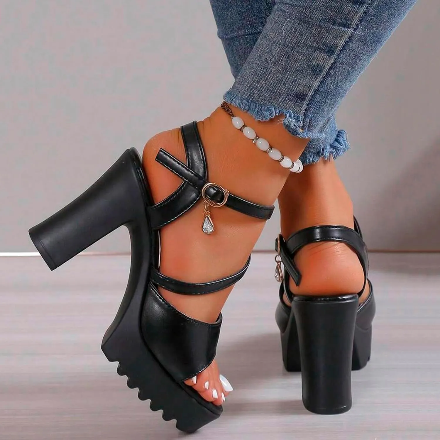 SuanlaTDS Womens High Heel Platform Sandals Dressy 2025 Buckle Ankle Strap Open Toe Chunky Block Heels Prom Party Wedding Evening Dance Dress Pumps Summer Elegant Slingback Heeled Sandal