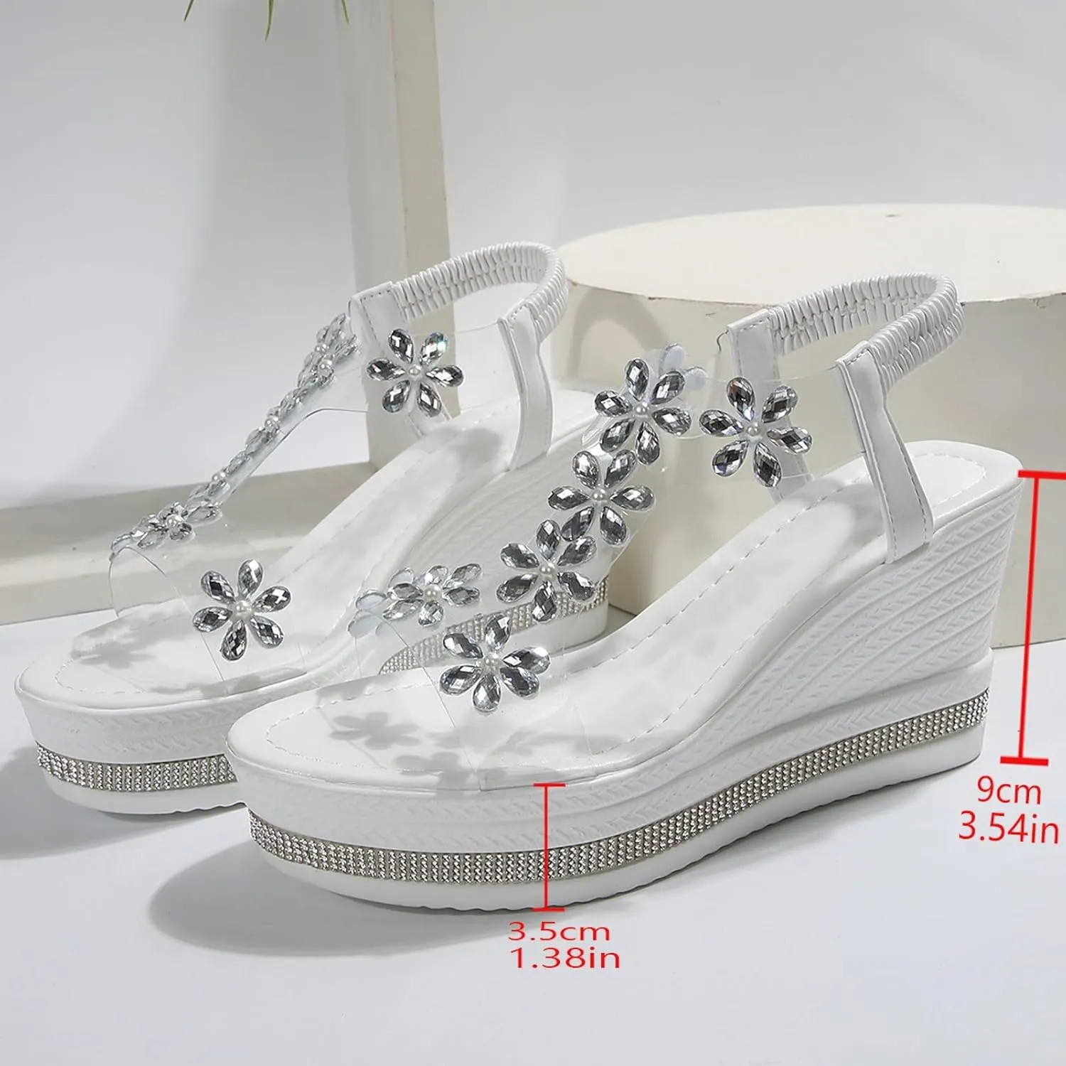SuanlaTDS Womens Platform Wedge Sandals Dressy 2025 Rhinestones Open Toe Comfortable Summer Crystal Slip-on Elastic Ankle Strap Slides Outdoor Beach High Heels Sandal for Party Wedding Bridal