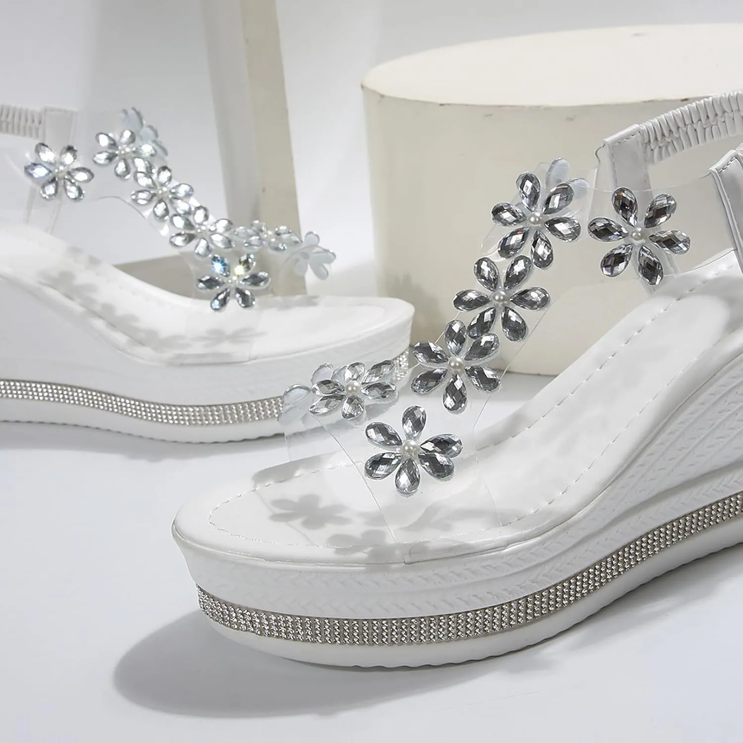 SuanlaTDS Womens Platform Wedge Sandals Dressy 2025 Rhinestones Open Toe Comfortable Summer Crystal Slip-on Elastic Ankle Strap Slides Outdoor Beach High Heels Sandal for Party Wedding Bridal