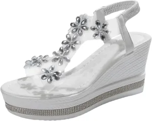 SuanlaTDS Womens Platform Wedge Sandals Dressy 2025 Rhinestones Open Toe Comfortable Summer Crystal Slip-on Elastic Ankle Strap Slides Outdoor Beach High Heels Sandal for Party Wedding Bridal