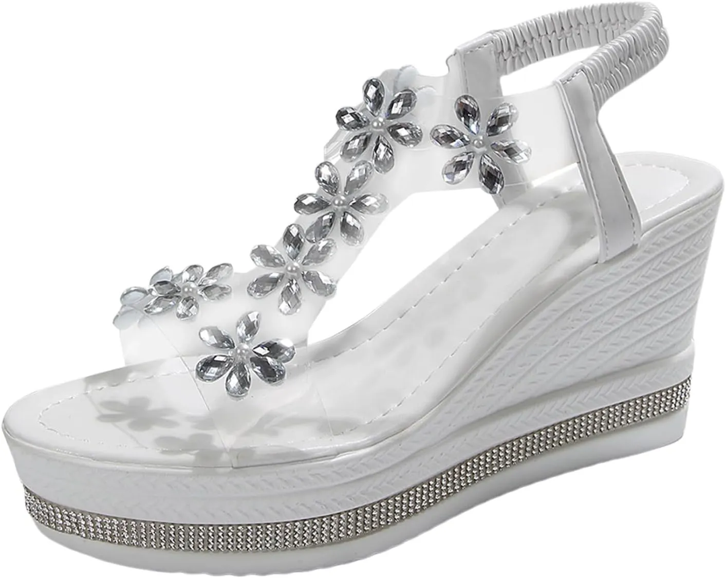 SuanlaTDS Womens Platform Wedge Sandals Dressy 2025 Rhinestones Open Toe Comfortable Summer Crystal Slip-on Elastic Ankle Strap Slides Outdoor Beach High Heels Sandal for Party Wedding Bridal