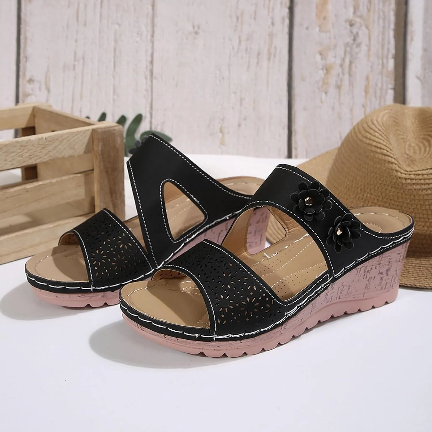 SuanlaTDS Womens Sandals Comfortable Platform Wedges Slip On Orthopedic Sandals with Arch Support Casual Summer Open Toe High Heels Slide Sandals Slippers Wedge Outdoor Walking Shoes