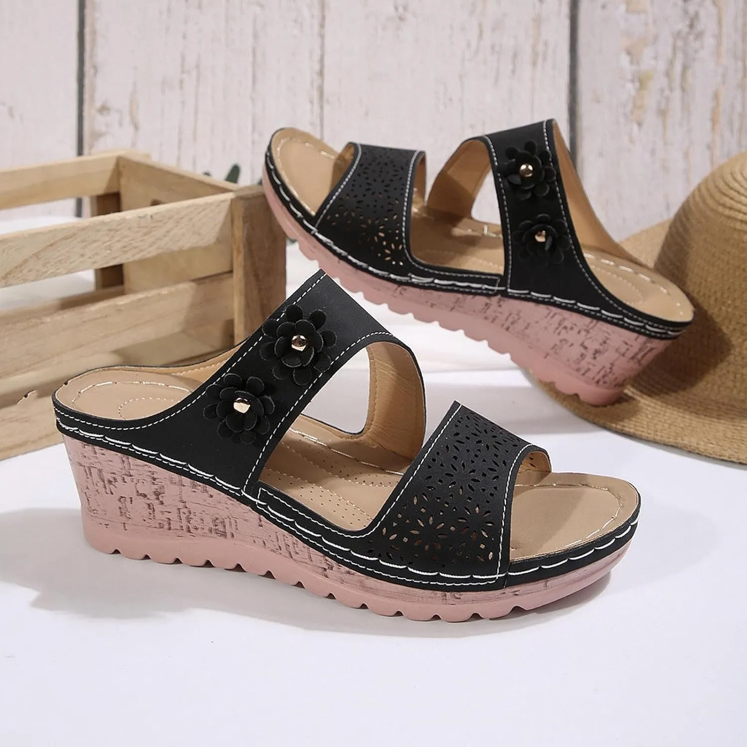 SuanlaTDS Womens Sandals Comfortable Platform Wedges Slip On Orthopedic Sandals with Arch Support Casual Summer Open Toe High Heels Slide Sandals Slippers Wedge Outdoor Walking Shoes