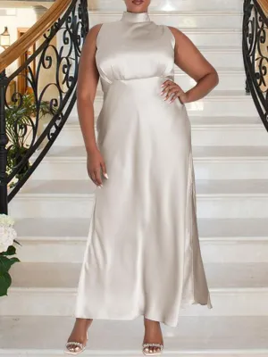 Summer Plus Size Mock Neck Satin Maxi Formal Dress for Women 2025 Elegant Sleeveless Silk Dresses for Wedding Guest Cocktail