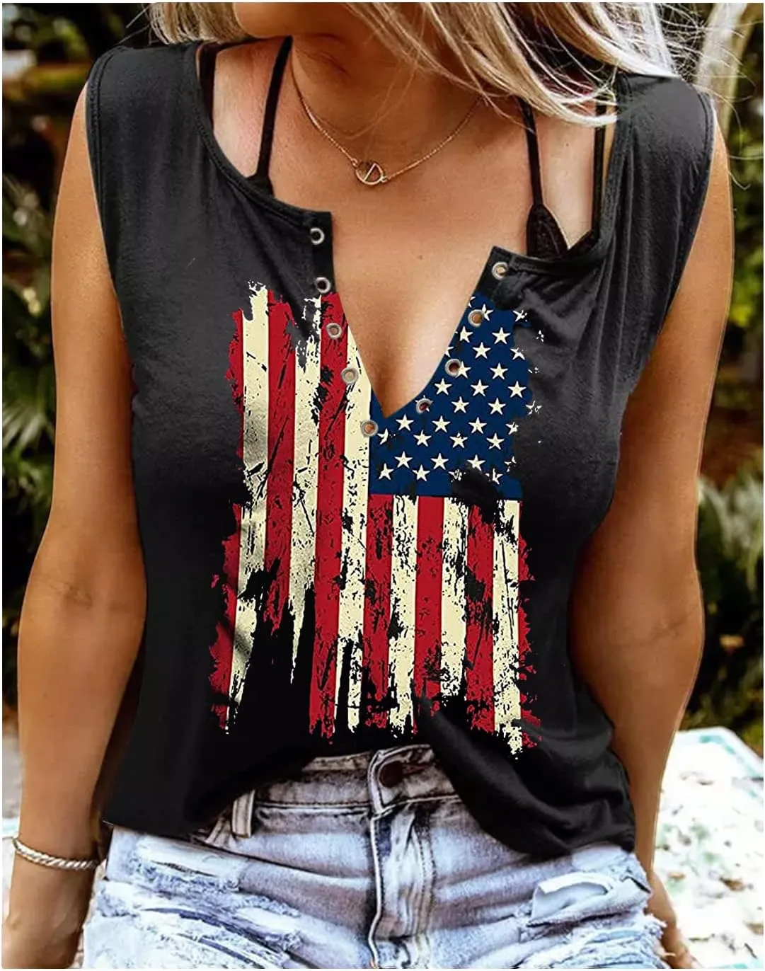 Summer Sexy V Neck Tank Tops for Women Casual Loose Fit Sleeveless T Shirts Country Music Ring Hole Basic Shirts Tanks