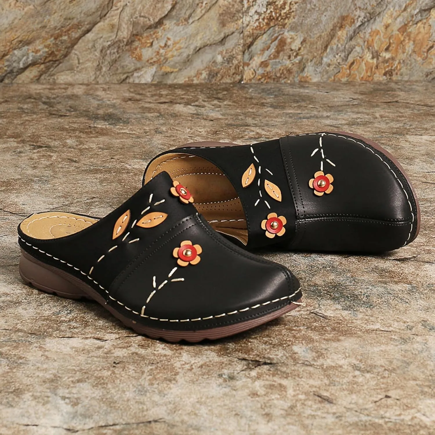 Summer Wedge Orthopedic Sandals for Women Flower Platform Slip-On Slippers Comfort Work Clogs Slip on Loafers Wide Fit Mules Antil Slip Beach Shoes Arch Support Shoes