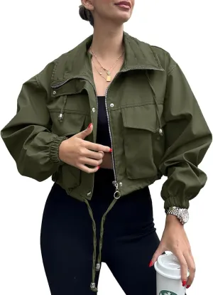 Tankaneo Womens Cropped Jacket Zip Up Lightweight Oversized Utility Anorak Coat with Pockets