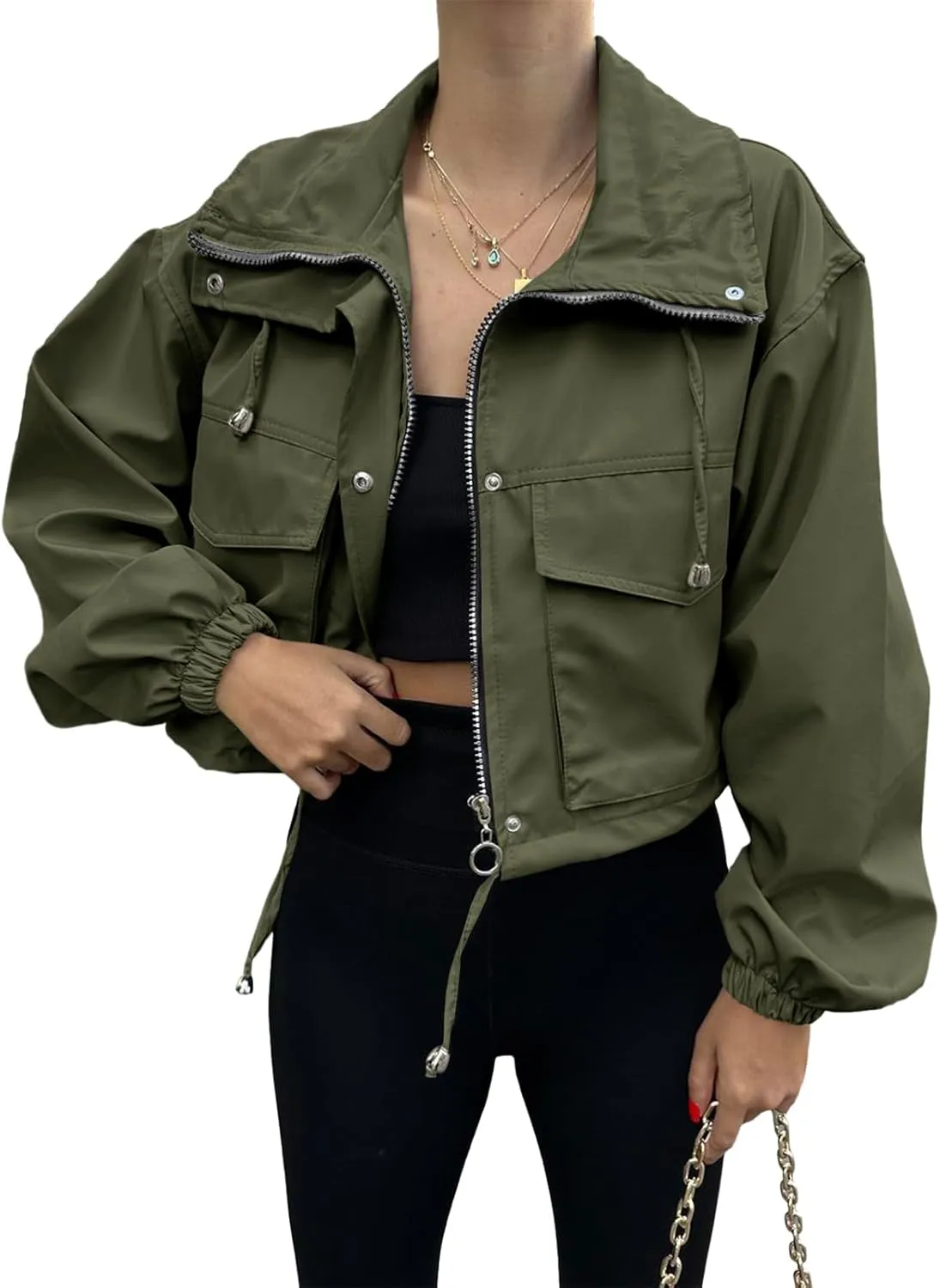 Tankaneo Womens Cropped Jacket Zip Up Lightweight Oversized Utility Anorak Coat with Pockets
