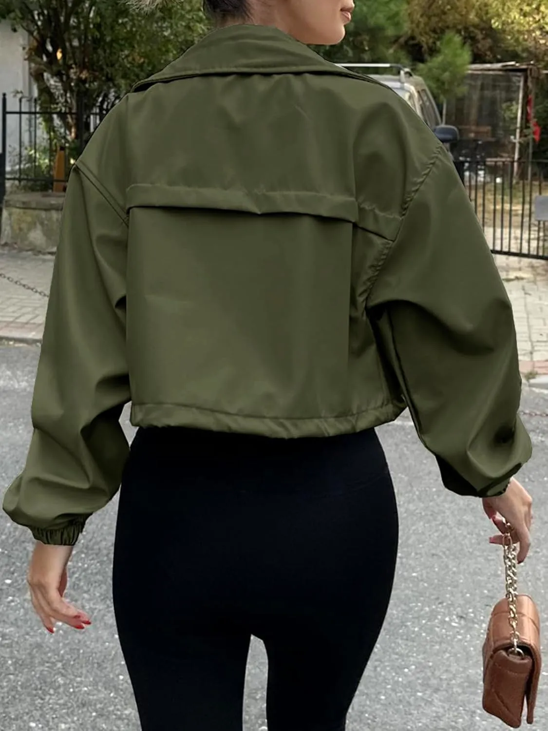 Tankaneo Womens Cropped Jacket Zip Up Lightweight Oversized Utility Anorak Coat with Pockets