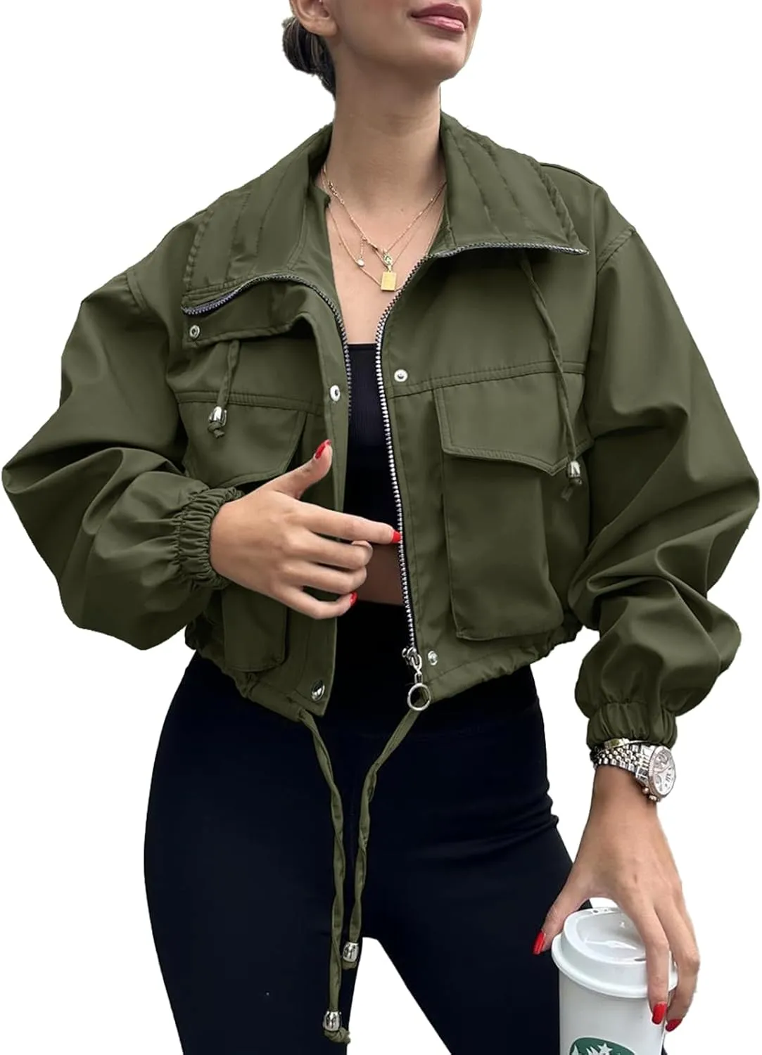 Tankaneo Womens Cropped Jacket Zip Up Lightweight Oversized Utility Anorak Coat with Pockets