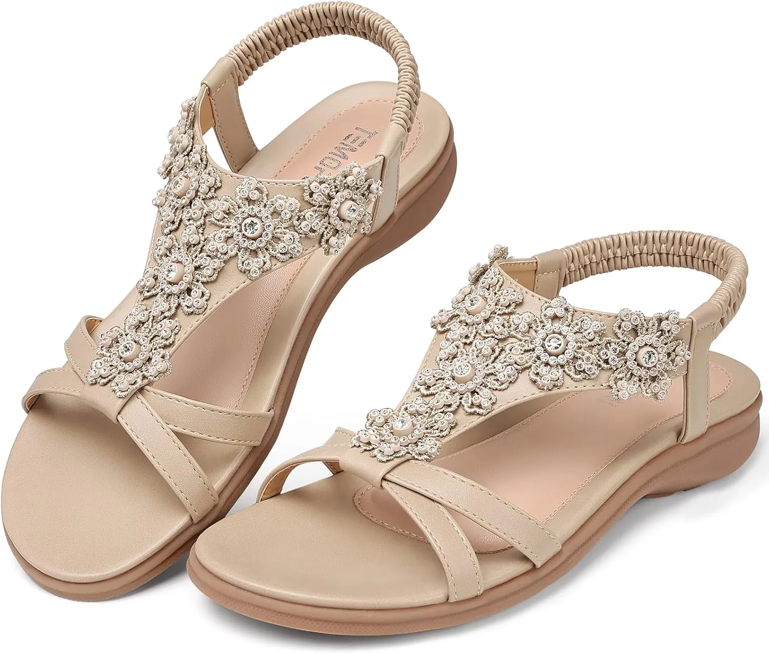 TEMOFON Sandals for Women Flat Dressy: Summer Flower Sandals with Ankle Strap Comfortable Casual Walking Flat Sandals Size 5-11