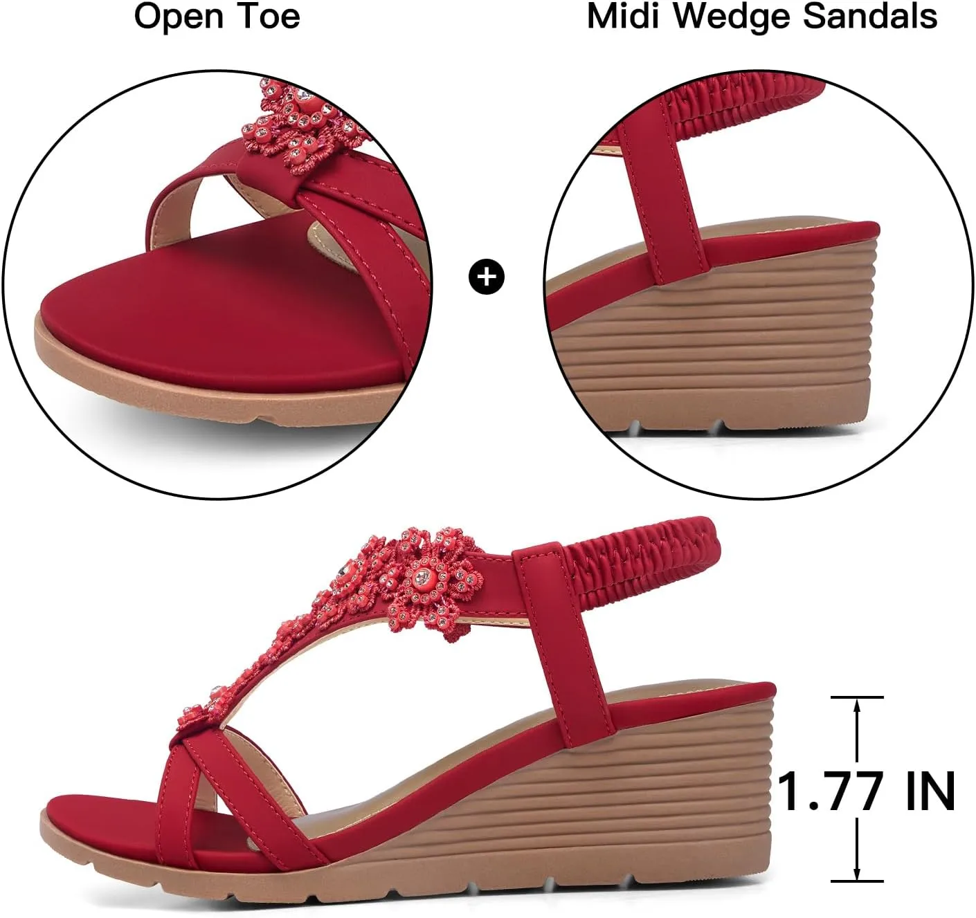 TEMOFON Women's Low Wedge Heels Summer Dressy Platform Sandals Elastic Ankle Strap Open Toe Flower Shoes