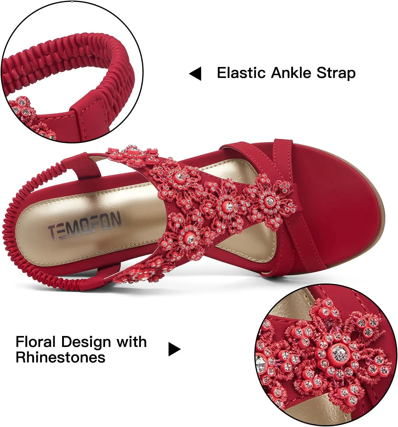 TEMOFON Women's Low Wedge Heels Summer Dressy Platform Sandals Elastic Ankle Strap Open Toe Flower Shoes
