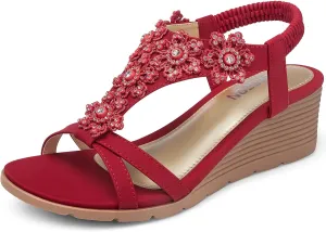 TEMOFON Women's Low Wedge Heels Summer Dressy Platform Sandals Elastic Ankle Strap Open Toe Flower Shoes