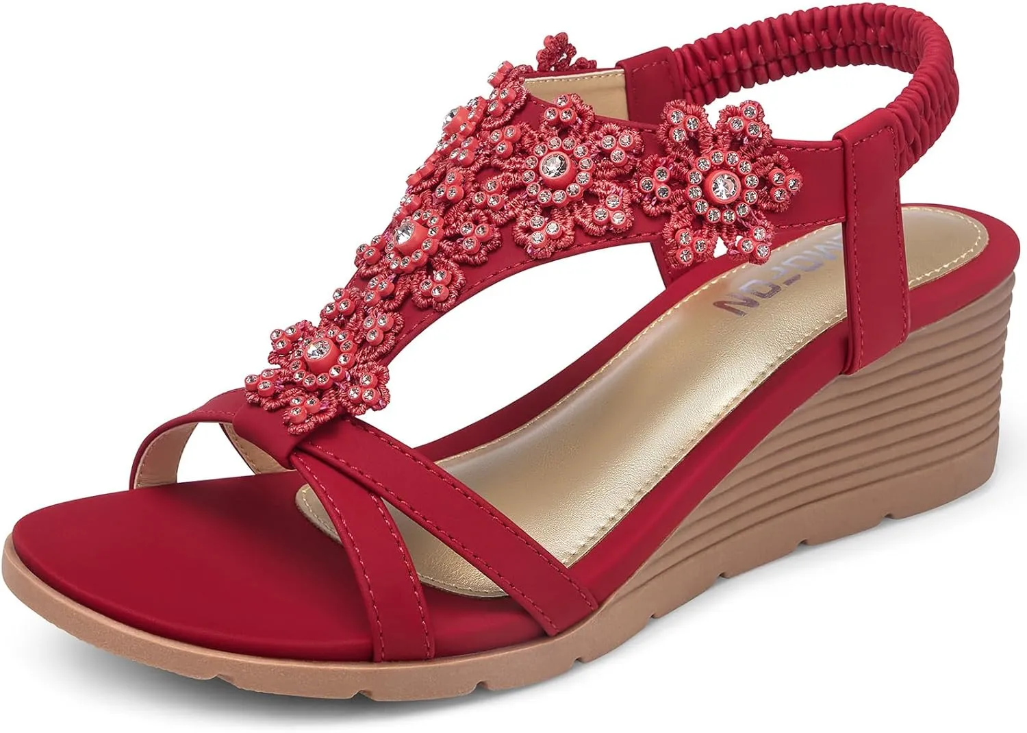 TEMOFON Women's Low Wedge Heels Summer Dressy Platform Sandals Elastic Ankle Strap Open Toe Flower Shoes