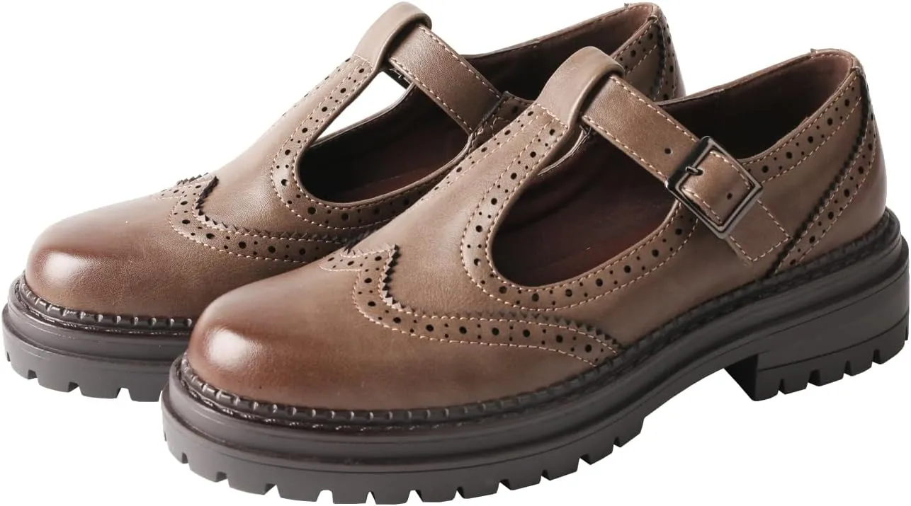 TMA EYES Chunky Platform T-Strap Hollowed-Out Loafer Vintage Round Toe Women's Single Shoes